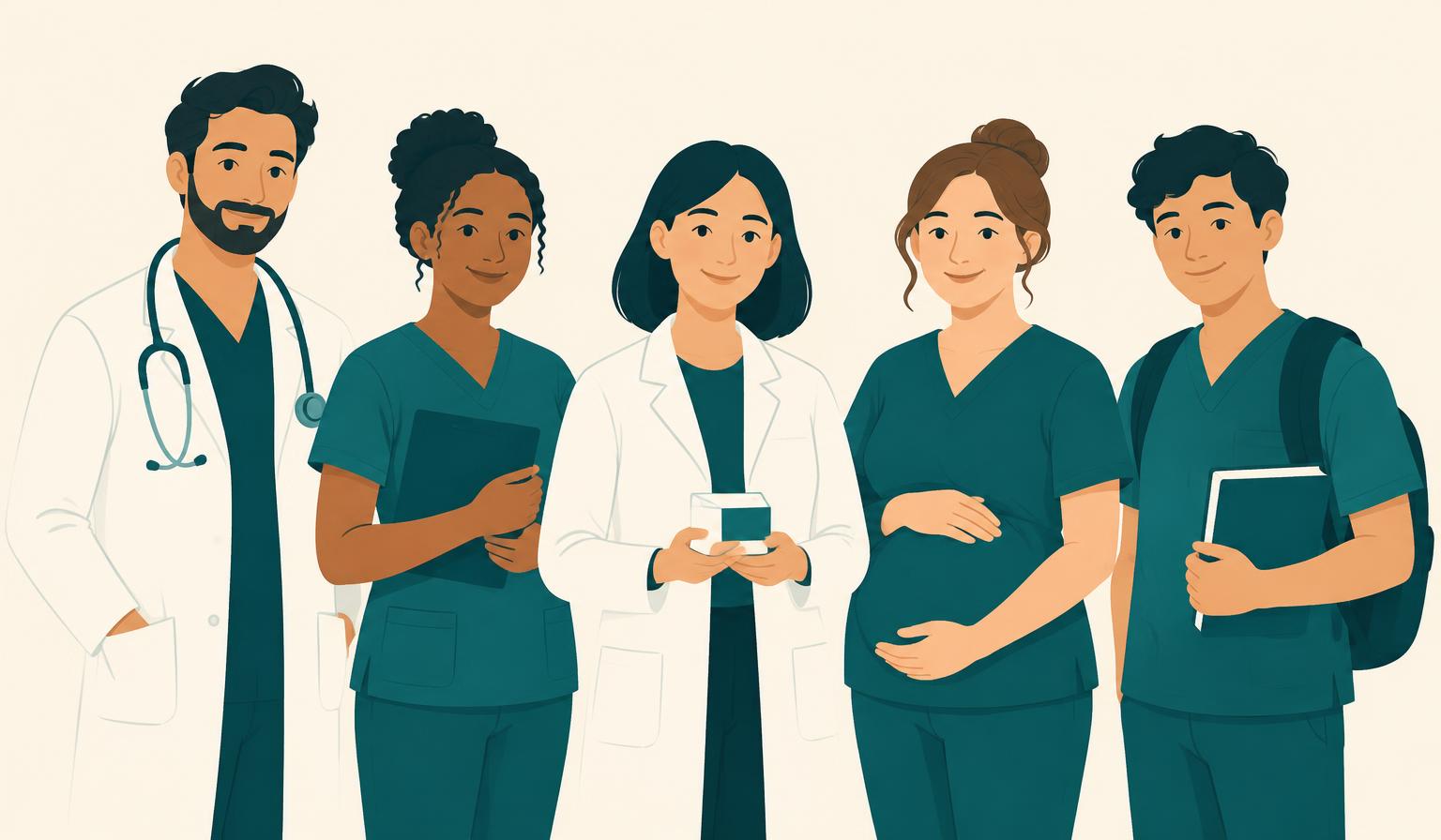Illustration de professionnels de santé : un médecin, une infirmière, une pharmacienne, une sage-femme et un étudiant en santé